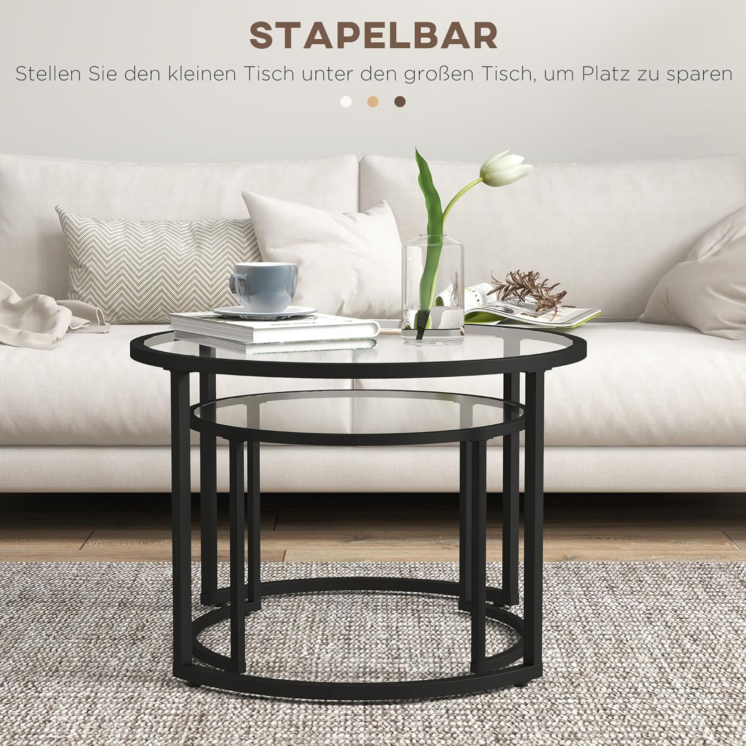HOMCOM Coffee Table Set of 2, Side Table with Black Steel Frame, Coffee Table with Glass Tabletop, Partially Stackable, for Living Room, Bedroom - QUORE