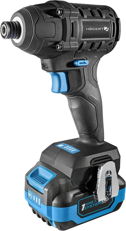 HÖGERT TECHNIK Accu-slagboorschroevendraaierset 18 V, 200 Nm & 100 Nm, 2 borstelloze slagschroevendraaiers, 2 x accu, 4 A oplader, ledverlichting, metalen aandrijving, voor hout en metaal + Promo 2,0