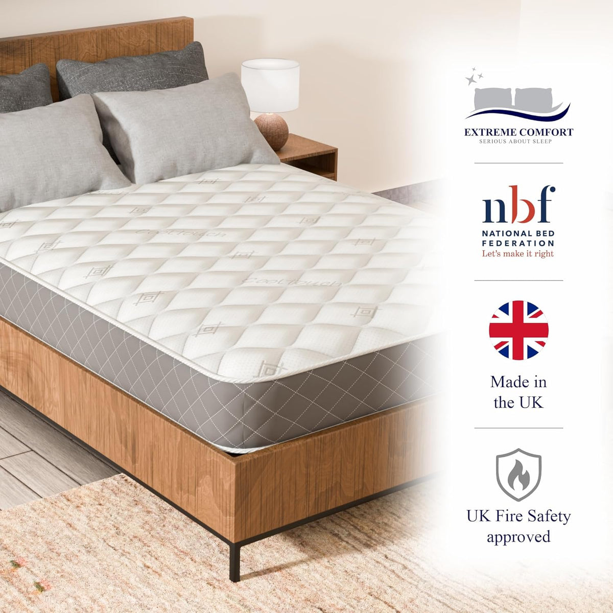 Extreme Comfort Cooltouch Plus Diamond Essentials Schuimvrije Pinna-Coil Bonnell Binnenveer Maximale Waarde Matras Pluche Feel, Grijs, 18 cm Diep, 4ft6 Dubbel