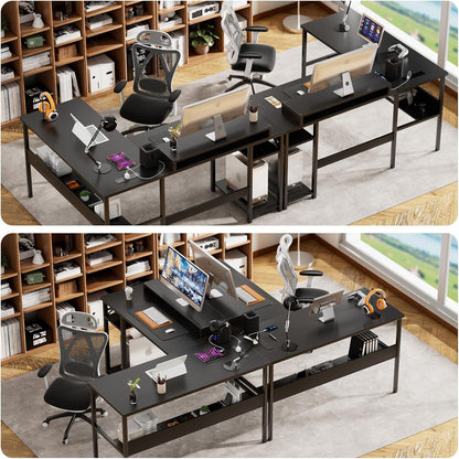 L-vormig bureau, gamingbureau met LED-verlichting, omkeerbaar computerbureau met opbergplanken, hoektafel met monitorstandaard voor thuis, kantoor, zwart