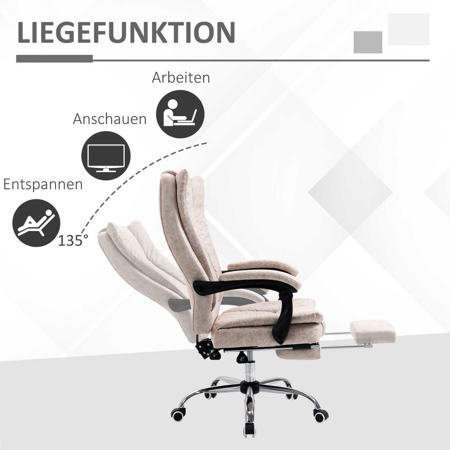 Bureaustoel – Draaistoel – Kantoorstoel – Office Chair – Gamestoel – Verstelbare Zithoogte – Inklapbare Voetensteun – Microfiber Bekleding – Plastic En Metalen Frame – Beige