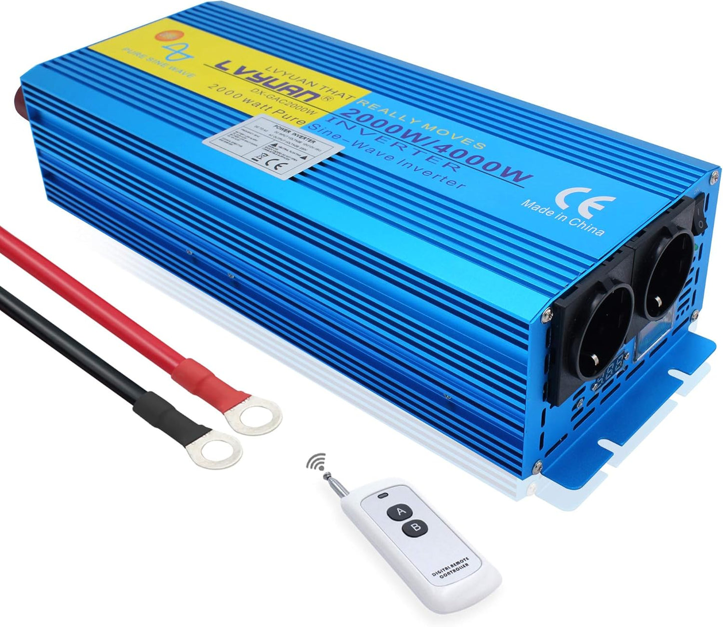 Pure Sine Wave Power Inverter 2000W DC 12V naar AC 240V converter met draadloze afstandsbediening & dubbele EU-stopcontacten voor RV Truck Car