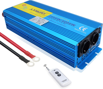 Pure Sine Wave Power Inverter 2000W DC 12V naar AC 240V converter met draadloze afstandsbediening & dubbele EU-stopcontacten voor RV Truck Car