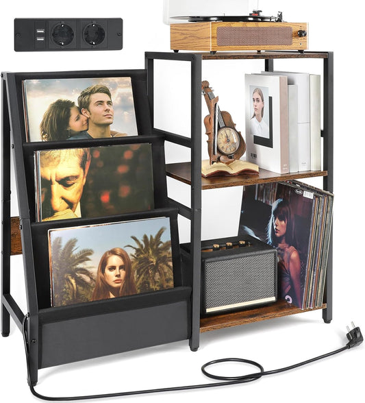 Platenspeler Standaard met Stopcontact, Eindtafel met 3 Niveaus Opslag voor Vinylplaten Platenspeler Tafel tot 200 Albums voor Vnyl Platen, Vinyl Platenhouder Kabinet voor de Woonkamer