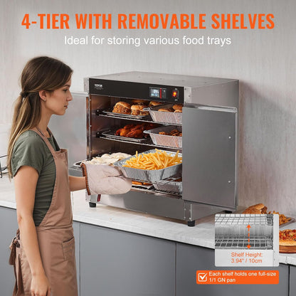 VEVOR Voedselwarmer, 4-traps snackverwarmer met waterbak, 4 pannen en dubbele deur en verstelbare planken, voedselverwarmingskast van roestvrij staal, ideaal voor het opbergen van pizza en kip