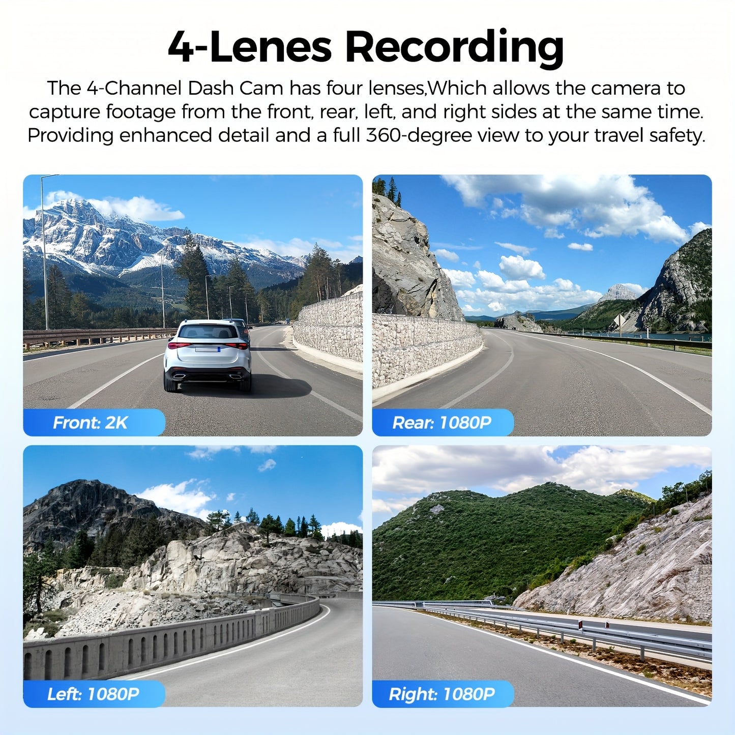 Dashcam – Auto Camera – 4-Kanaals Recorder – Beveiligingscamera – Wegencamera – 4K Voor + 1080p Achter – Wifi & GPS Met Nachtzicht