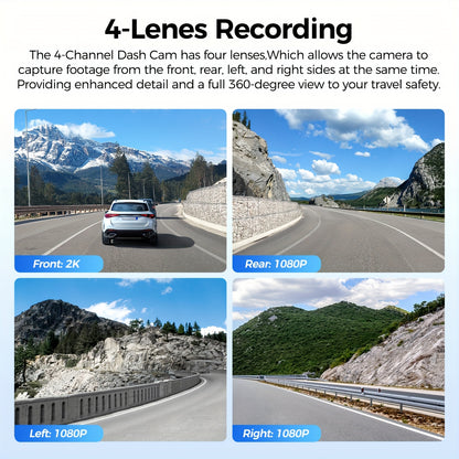 Dashcam – Auto Camera – 4-Kanaals Recorder – Beveiligingscamera – Wegencamera – 4K Voor + 1080p Achter – Wifi & GPS Met Nachtzicht