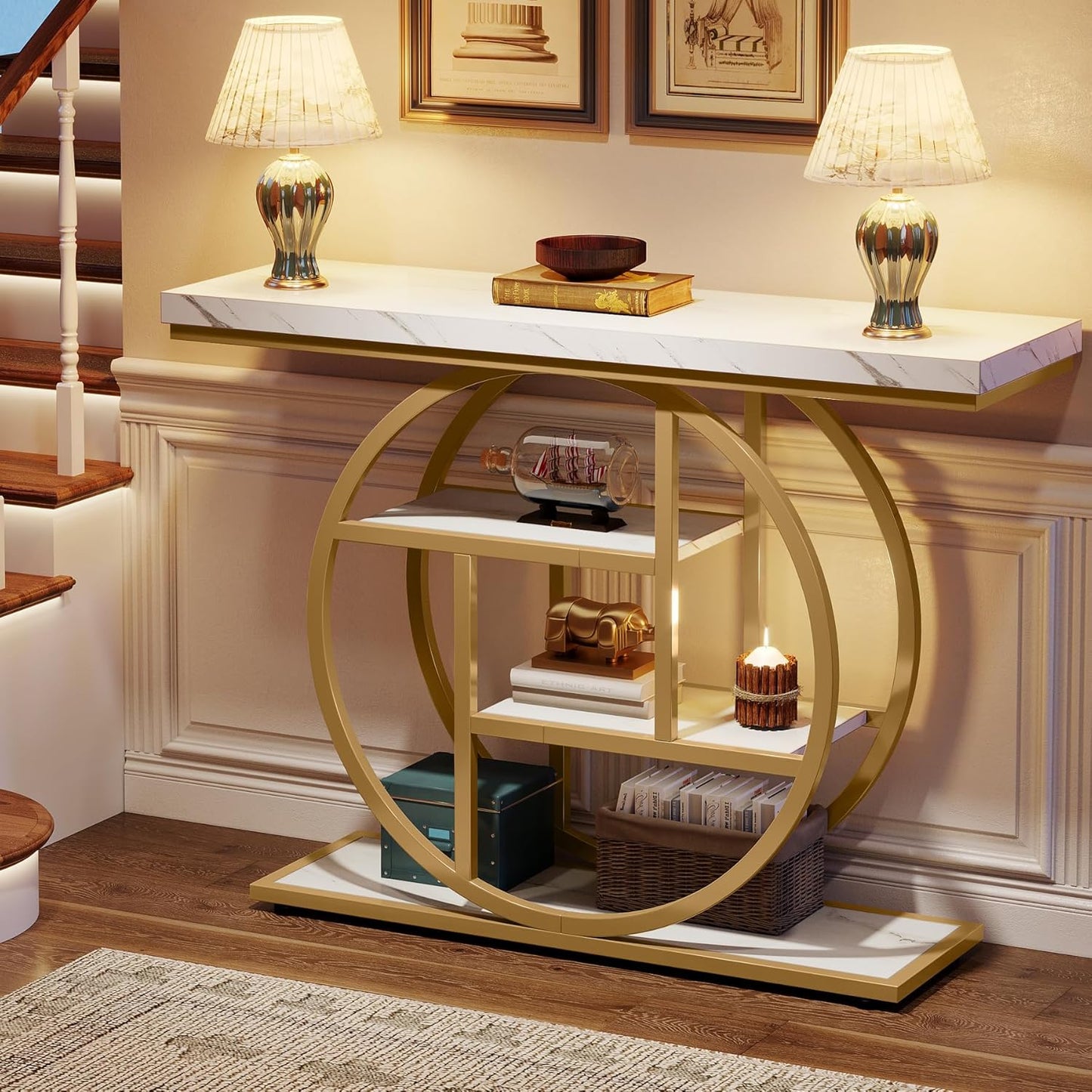 Moderne Sidetable – Console Tafel – Sofa Tafel – Haltafel – Wandtafel – Industrieel Design – 105 x 30 cm – Wit Met Gouden Accenten – 4 Treden Met Opbergruimte