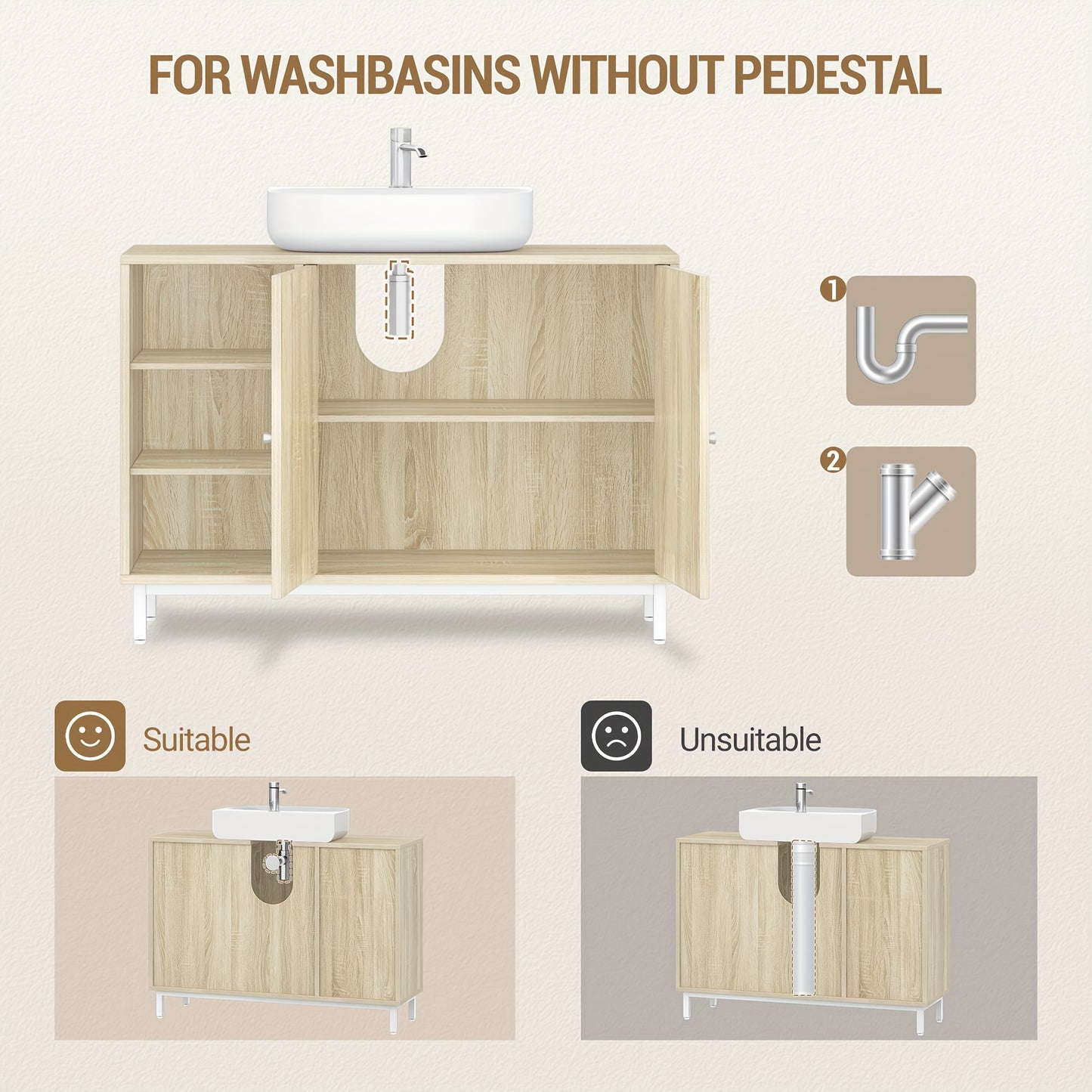 Badkamermeubel – Badkamerkast – Onderkast – Wastafelmeubel – Toiletmeubel – Licht Eiken – 2 Deuren Met Verstelbare Planken – Vochtbestendig P2 MDF Met Metalen Poten