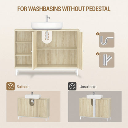 Badkamermeubel – Badkamerkast – Onderkast – Wastafelmeubel – Toiletmeubel – Licht Eiken – 2 Deuren Met Verstelbare Planken – Vochtbestendig P2 MDF Met Metalen Poten