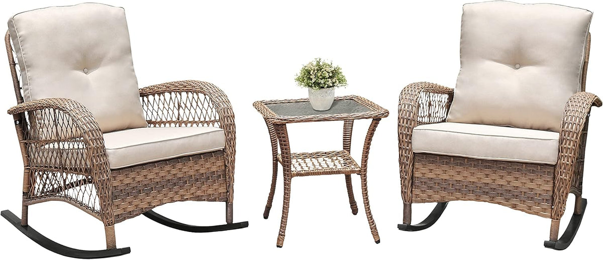 ATR ARTTOREAL 3-delige tuinschommelbistroset, terrasrotan gespreksmeubelset met PE-hars handgeweven rieten, set van 2 schommelstoelen en getemperde glazen salontafel voor achtertuin, veranda