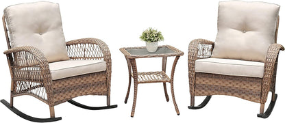 ATR ARTTOREAL 3-delige tuinschommelbistroset, terrasrotan gespreksmeubelset met PE-hars handgeweven rieten, set van 2 schommelstoelen en getemperde glazen salontafel voor achtertuin, veranda