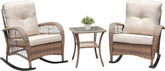 ATR ARTTOREAL 3-delige tuinschommelbistroset, terrasrotan gespreksmeubelset met PE-hars handgeweven rieten, set van 2 schommelstoelen en getemperde glazen salontafel voor achtertuin, veranda