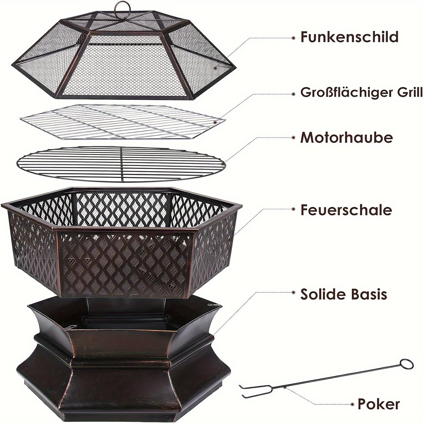 Vuurkorf – Vuurschaal – Tuinhaard – Vuurmand – Buitenhaard – Zeshoekig Design – Hittebestendig IJzer Tot 500°C