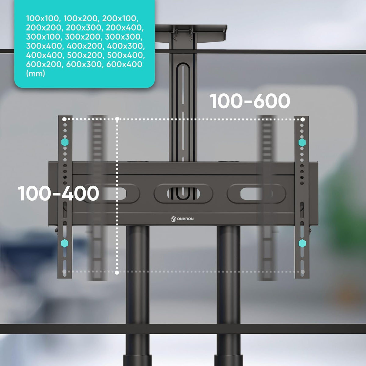 ONKRON Mobiele TV Standaard op Wielen voor 40-70 Inch Scherm, TV Beugel Wagen tot 45,5 kg - TV Meubel Verrijdbaar VESA 100x100-600x400 mm/Vloerstandaard Televisie Hoogte Verstelbare TS1551-B Zwart