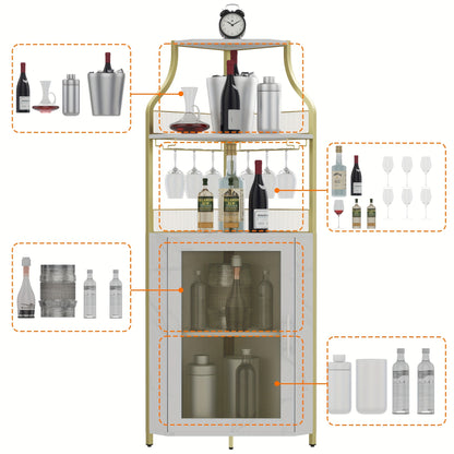 5-laagse Wijnkast Hoekkast – Drankkast Minibar Vakkenkast – Zwarte Hoekopberger – Ruimtebesparend L-Design – Verwijderbaar Wijnrek & Glazenhouder – Ventilerende Mesh Deur