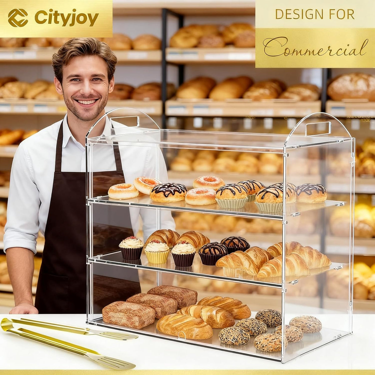 3-Tier Commercieel Bakkerij Vitrine met Handvat, 49,5 x 38 x 26 cm Vitrine voor Banketbakkerij Voedsel Display Kast voor Brood Dessert Koekje Bakken