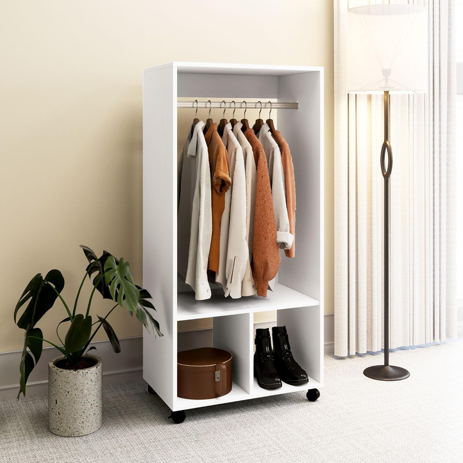HOMCOM Mobile Wardrobe Wardrobe with Shelf 4 Casters for Living Room Bedroom, Aluminum Alloys, 60 x 40 x 128 cm, White - QUORE