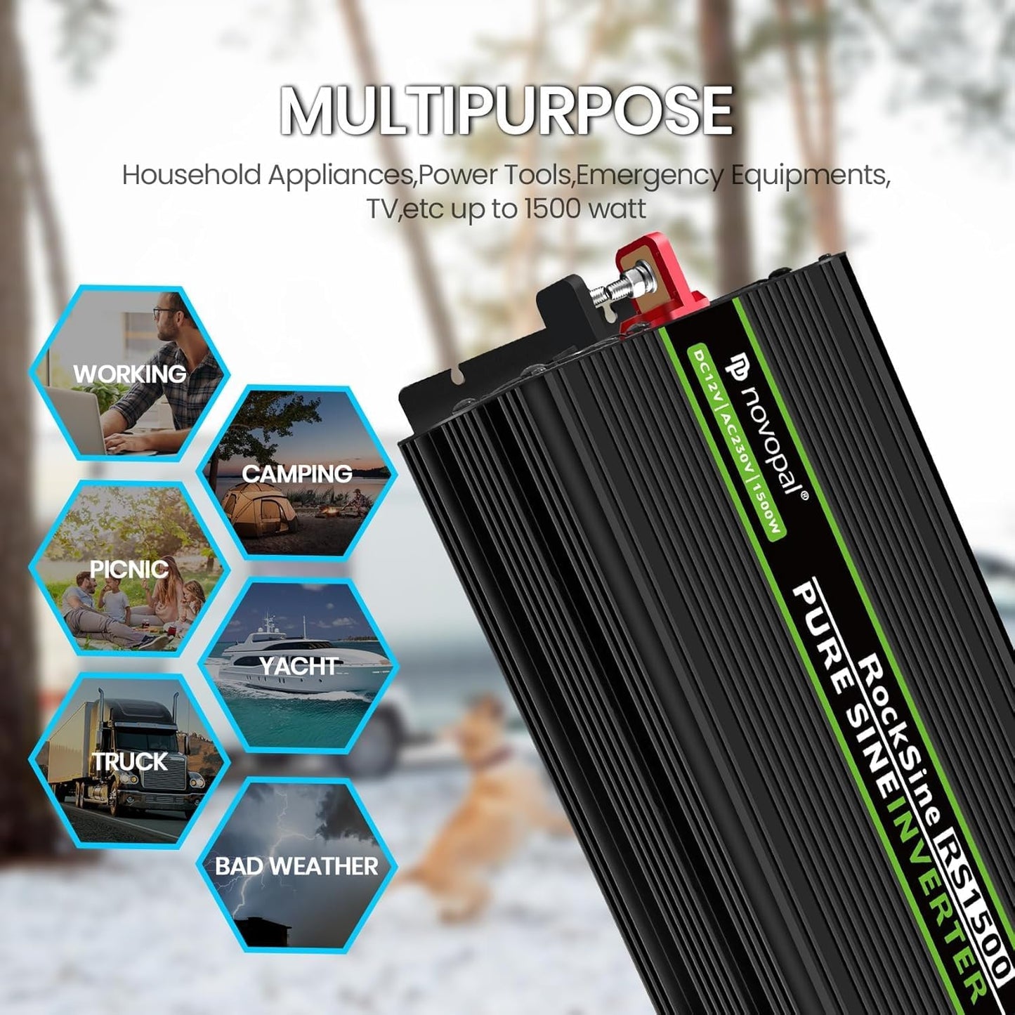 NOVOPAL 1500 W KFZ zuivere sinus spanningsomvormer auto omvormer 12 V naar 230 V omvormer converter met 2 EU stopcontact en USB-poort incl. 5 meter afstandsbediening piekvermogen 3000 Watt