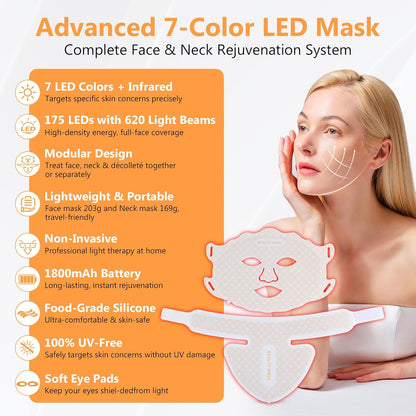 Led-Lichttherapiemasker voor Gezicht en Hals – Led Gezichtsmasker – Gezichtsmasker – Led Masker – Lichtmasker – 175 Ledlampjes – 7 Lichtstanden en 850 Nm Infrarood – Wit