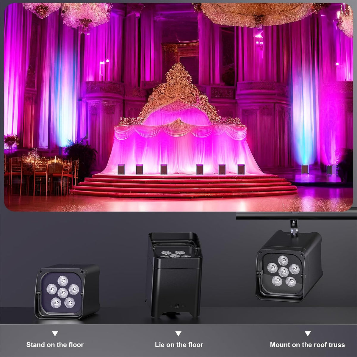 LED Par Accu, 4 stuks 108W 6 in 1 RGBWA+UV podiumverlichting met 9600mAh, lichtpakket, APP-bediening, LED schijnwerper Accu met DMX en afstandsbediening voor feest, bar, Halloween
