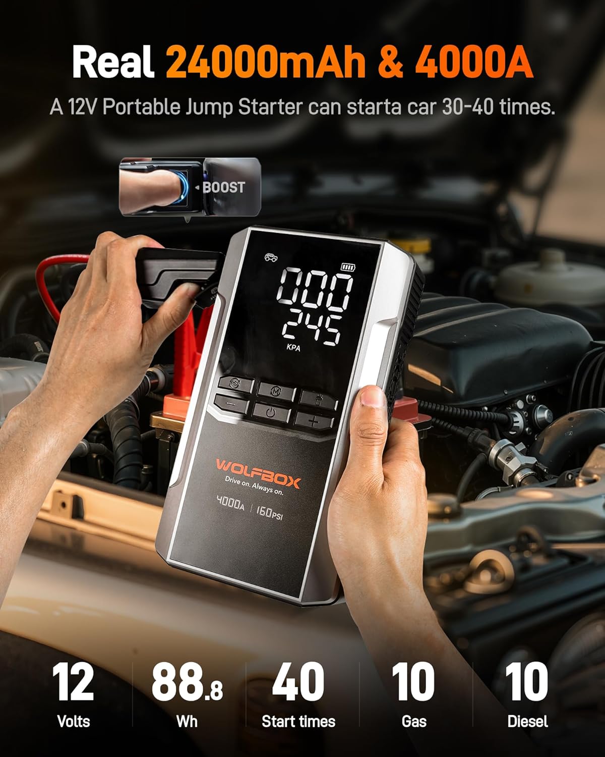 WOLFBOX 4000A Jump Starter met 160PSI luchtcompressor, 12V auto-accubooster, 65W snel opladen, 24000mAh draagbare bandenpomp, LED-display voor 10L gas- en 10L-dieselmotoren, LED-licht, jumperkabels