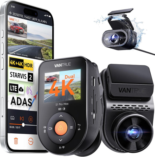 Vantrue S1 Pro Max 4K+4K (2160P+2160P) dashcam voor en achter, dubbele dashcamera met Starvis2 HDR PlatePix nachtzicht, 5 GHz WiFi, GPS, optionele Lte, parkeermodus, spraakbediening