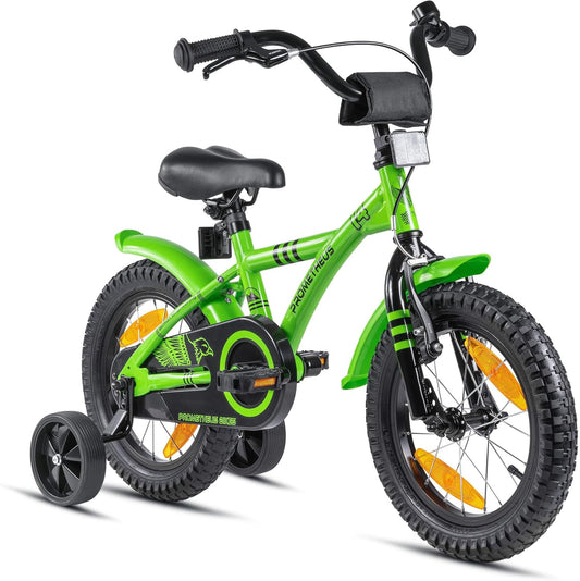 PROMETHEUS BICYCLES kinderfiets 14 inch fiets jongens meisjes van 4 jaar oude met zijwieltjes terugtraprem in groen BMX
