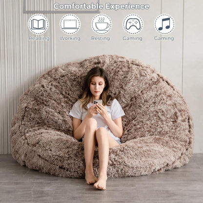 MAXYOYO Gigantische zitzakbed - ronde zitzakstoel - grote bank met lange hoes van imitatiebont en pluizige vulling inbegrepen voor volwassenen, stellen, gasten (koffiebruin, 150 x 150 cm)