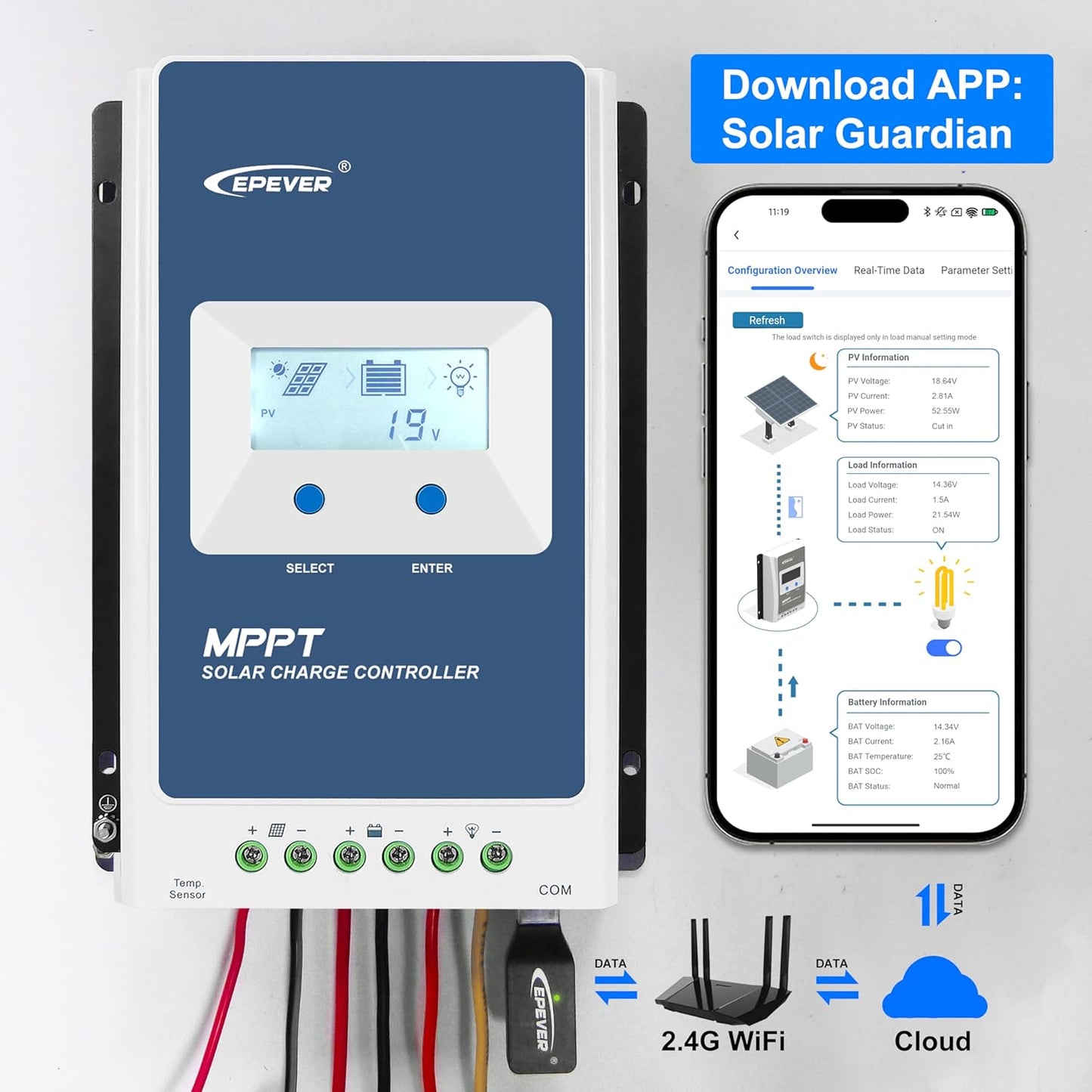 EPEVER MPPT Solar Laadregelaar 40A 12 V 24 Auto Zonnepanelen Max PV 100 V Regulator met WiFi Adapter APP Set Monitor
