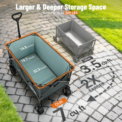 Overmont Opvouwbare festivaltrolley - 150 kg capaciteit opvouwbare wagen voor camping strand tuin picknick winkelen, zware kar met verstelbare handgreep en all-terrain wielen en rem, grijs