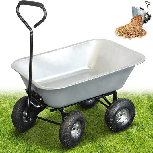 Handtuinwagen 75L – Tuinwagen, Tuinkruiwagen, Kruiwagen, Bolderkar – 4 Opblaasbare Wielen – Kantelbak, Verzinkt Metaal, Max. Draagvermogen 250 kg