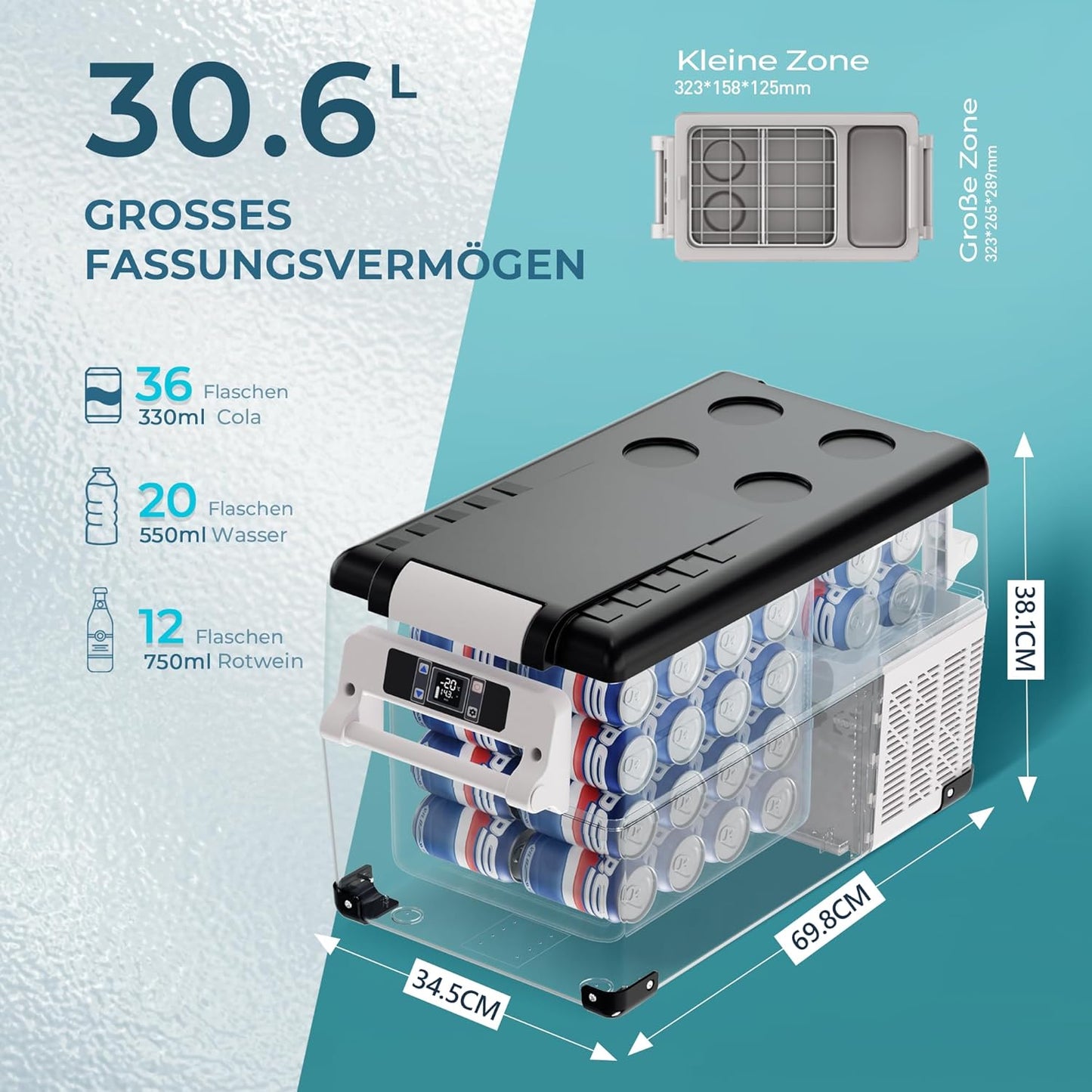 EUHOMY Compressor-koelbox, 30,6 liter, 12 V/24 V DC, koel-vriescombinatie (-20 °C ~ 20 °C) met app en lcd-display, draagbare campingkoelkast voor camper, auto, boot, 3-traps batterijbescherming (ECO