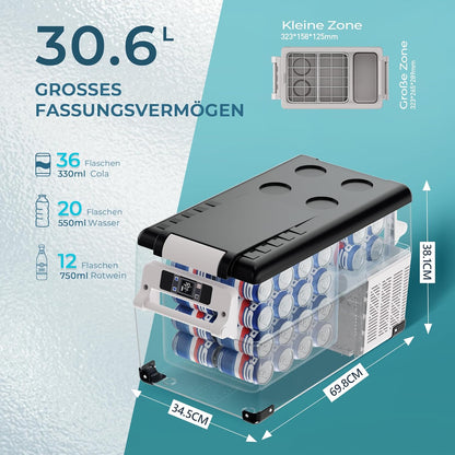 EUHOMY Compressor-koelbox, 30,6 liter, 12 V/24 V DC, koel-vriescombinatie (-20 °C ~ 20 °C) met app en lcd-display, draagbare campingkoelkast voor camper, auto, boot, 3-traps batterijbescherming (ECO