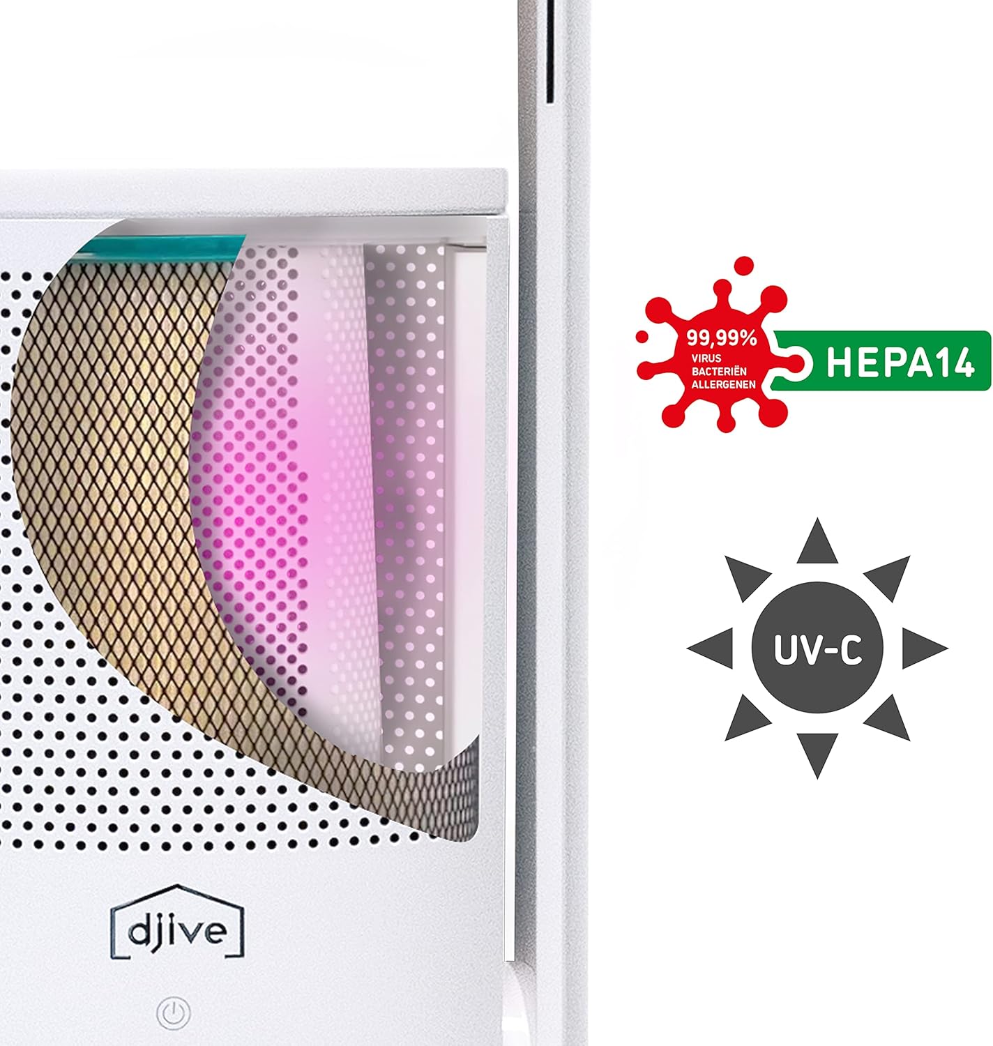 djive ARC draadloze ventilator 2in1 mobiele torenventilator & luchtreiniger, 6 uur batterij, draagbare, rotorloze standventilator met 9 snelheden, stil, met afstandsbediening, app, Alexa, H14, wit