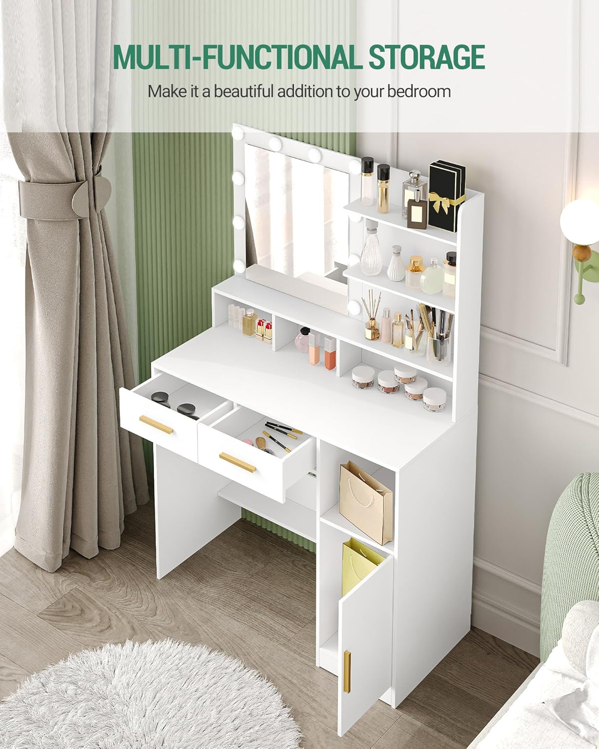 Hzuaneri Dressing Table with Mirror And 10 LED Lamps, Makeup Table with 3 Shelves and 4 Open Compartments, Dressing Table with 2 Drawers and Cabinet, 3 Adjustable Luminosities, WhiteDT32503X - QUORE