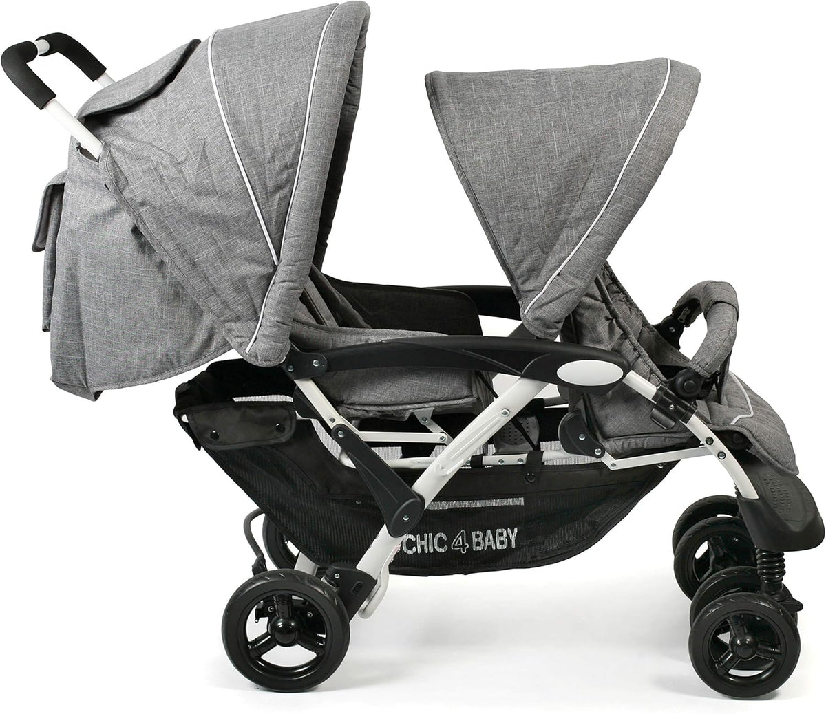 CHIC 4 BABY - Duo broers en zussen met draagtas en regenbescherming, broers en zussen kinderwagen voor twee kinderen, tweelingwagen, twinningsbuggy, tandembuggy, kinderwagen, jeans grijs