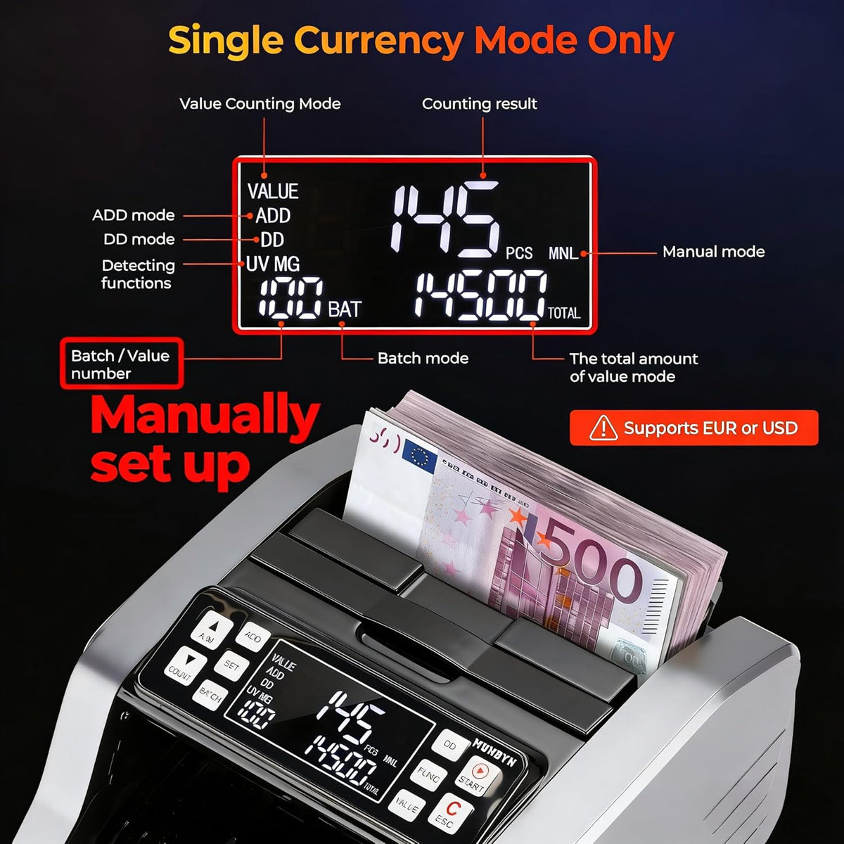 Geldtelmachine – Biljettenteller – Bankbiljettenteller – Geldteller – Valutateller – UV/MG/IR/MT-Detectie – Waardetelling Voor EUR En USD