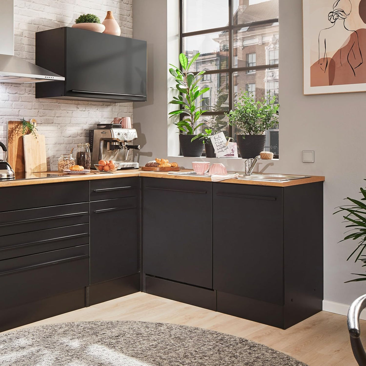 Jazz Moderne hoekkast, keuken met werkblad in mat zwart, lanzelot eikenlook, ruime hoekonderkast met veel opbergruimte, 115 x 90 x 60 cm (b x h x d)