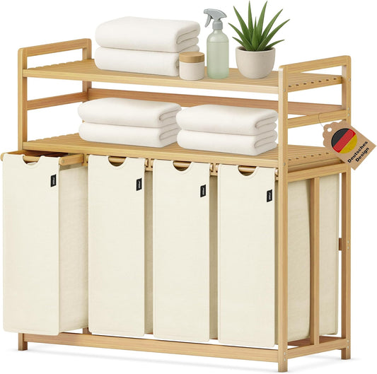 198 liter wasverzamelaar, 4 vakken, wasmand met dubbele plank, bamboe wasbox met uitneembare waszakken, ruimtebesparend voor badkamer, slaapkamer, waskeuken, beige