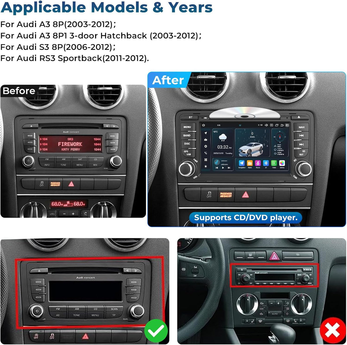 7 inch autoradio voor Audi A3 S3 RS3 8P met cd-/dvd-speler, 8-core 4+64GB head-unit Ingebouwde gyroscoop Draadloze Carplay/Android Auto GPS-navigatie WiFi 4G Bluetooth FM/AM RDS DSP SWC