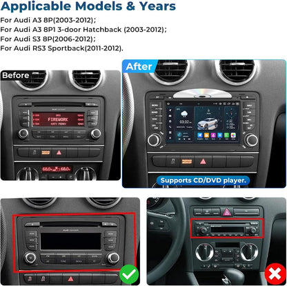 7 inch autoradio voor Audi A3 S3 RS3 8P met cd-/dvd-speler, 8-core 4+64GB head-unit Ingebouwde gyroscoop Draadloze Carplay/Android Auto GPS-navigatie WiFi 4G Bluetooth FM/AM RDS DSP SWC