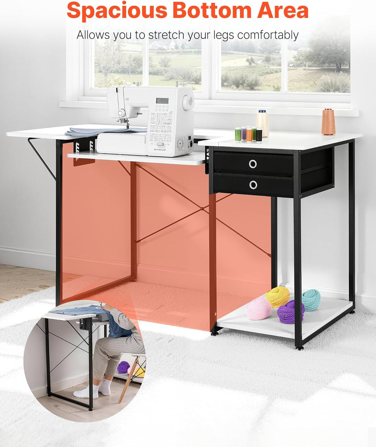 VEVOR Naaitafel, multifunctionele naaimachinetafel met opvouwbare zijplank, verstelbare plank, stalen poten, computerbureau voor thuis, modestudio, kunststudio, onderwijsinstelling, wit