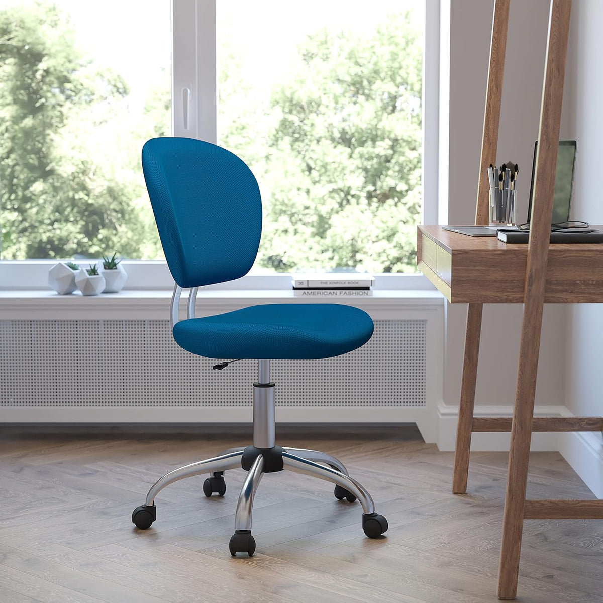 Flash Furniture Draaistoel met gemiddelde rugleuning en verchroomde voet, metaal, turquoise, 58,42 x 55,88 x 25,4 cm