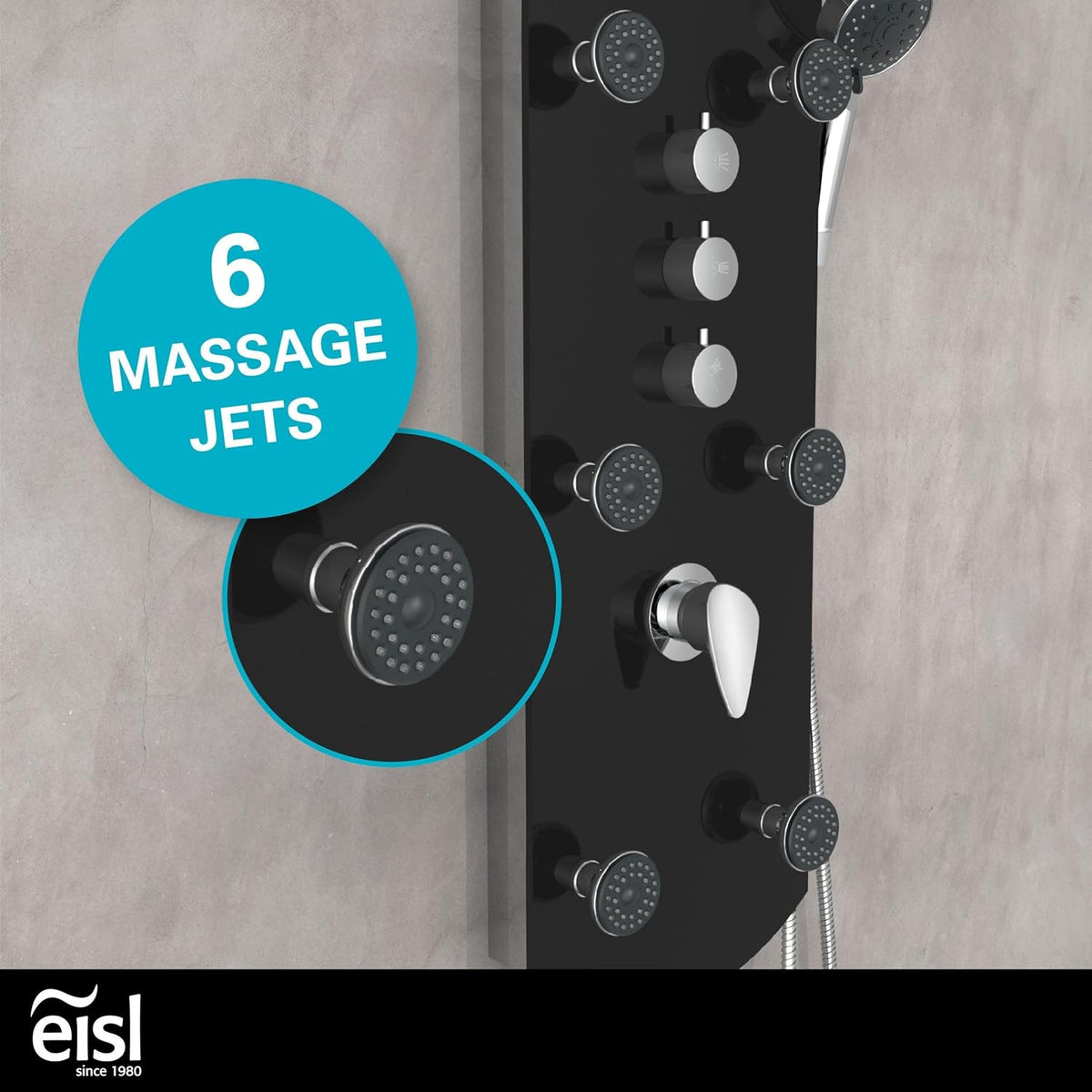 EISL ORSP-YMSBB Caribisch douchepaneel, wellnessdouche 3-in-1 met regendouche, zes massagejets en handdouche, douchearmatuur, eenvoudig te monteren, doucheset van veiligheidsglas, zwart