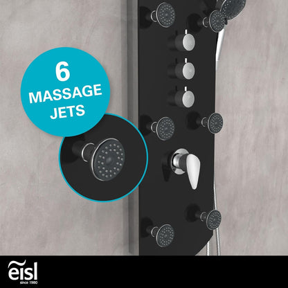 EISL ORSP-YMSBB Caribisch douchepaneel, wellnessdouche 3-in-1 met regendouche, zes massagejets en handdouche, douchearmatuur, eenvoudig te monteren, doucheset van veiligheidsglas, zwart