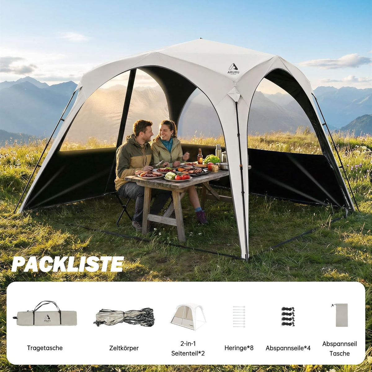 Campingpaviljoen, 3 x 3 m, koepeltent met 4 of 2 x 2-in-1 zijpanelen, waterdicht, zonwering en muggennet met titanium blackout coating, camping, strand en tuintent, pop-up tent, opbouw