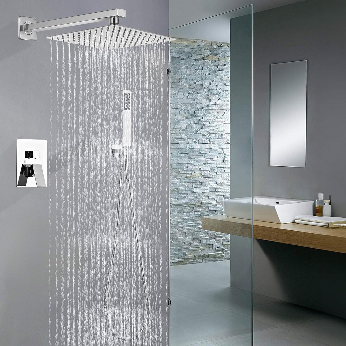 Sanitemodar Inbouwdoucheset van Chroom, Inbouw-douchearmatuur met 25 x 25 cm Hoofddouche, Inbouwdoucheset met Handdouche