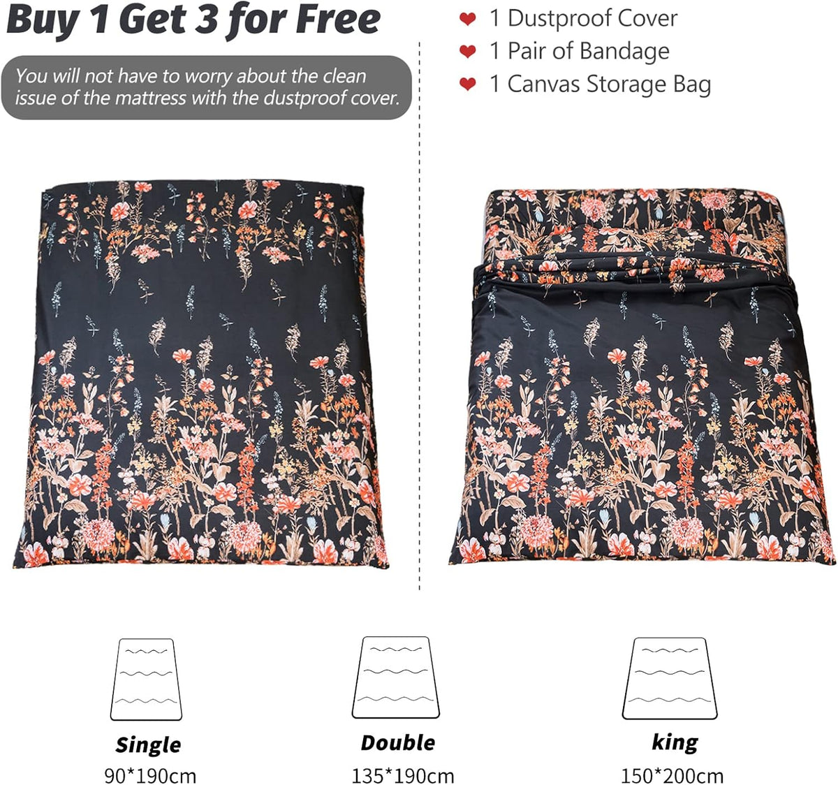 Japanse vloermatras, futonmatras, dikkere tatami-mat, slaapkussen, opvouwbaar, oprolbaar matras, slaapzaal, matras, vloerligstoel, kussen bed (zwarte bloemen, king)