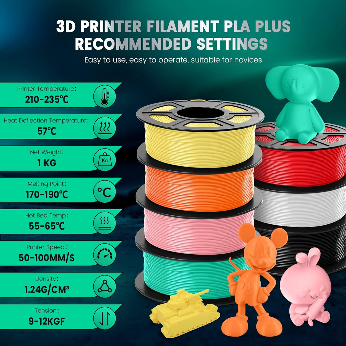 PLA+ Filament – 3D Printer Filament – PLA Plus – 3D Printdraad – 1,75 mm – 12 kg Set – 12 Kleuren – Hoogwaardige Printkwaliteit – Milieuvriendelijk Biobased
